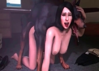 Brunette with a flirty Doberman